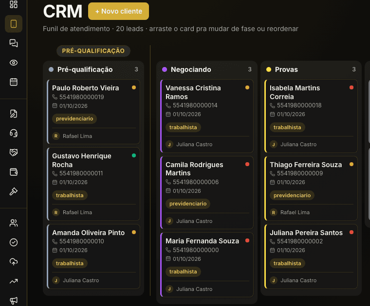 Kanban de leads do Vinculla.ai, com as fases do funil comercial